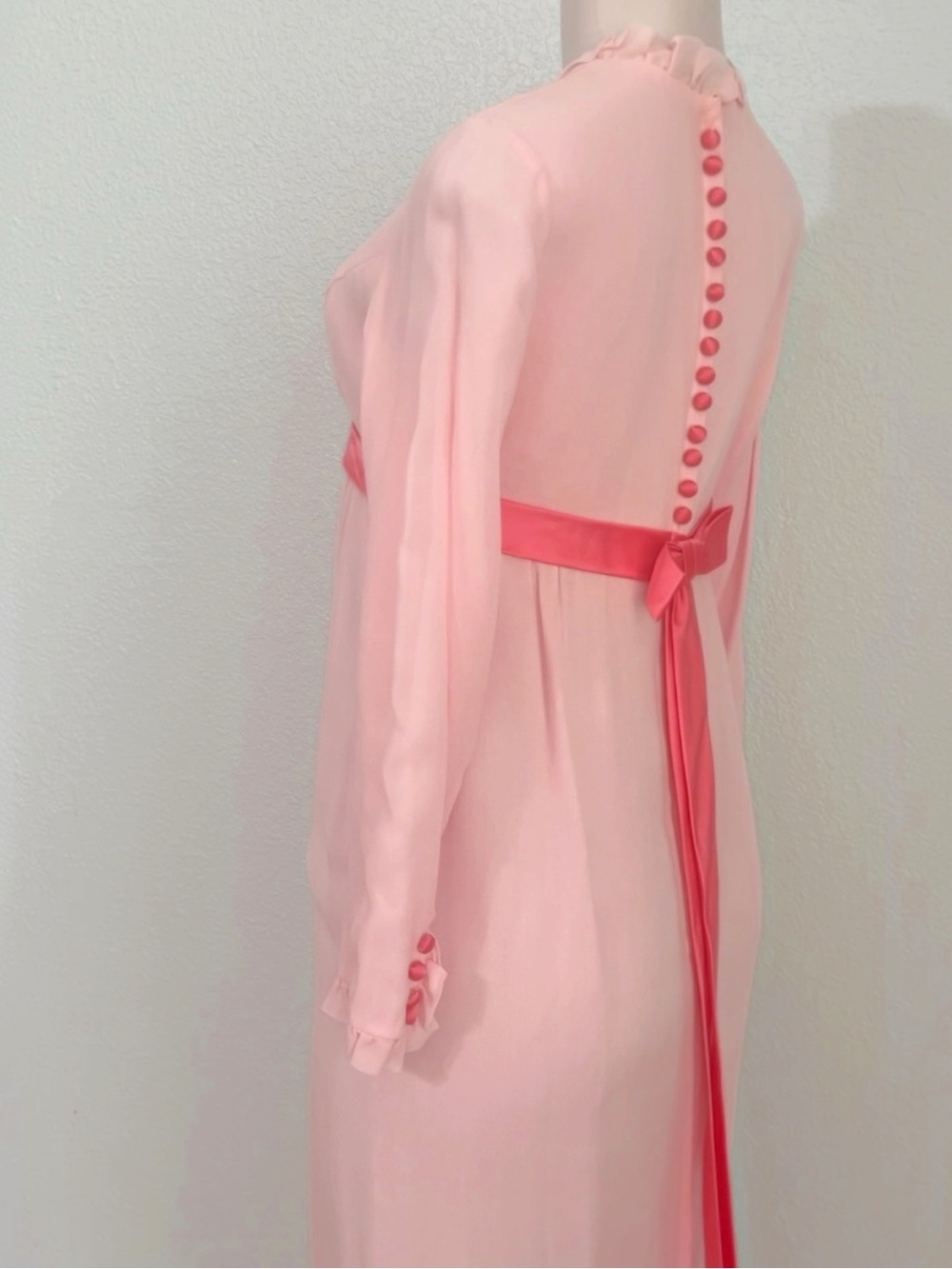 Vintage 1960s Pink Silk Chiffon Empire Waist Maxi Dress Shantung Lining SZ S - Picture 6 of 11